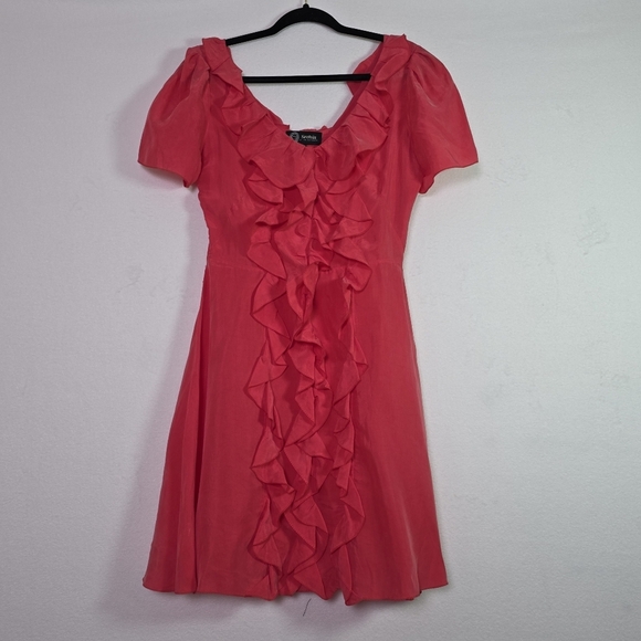 Sretsis by Pim Sukhahuta Ruffle Front Silk Dress Sz US 8 Coral Red Short Sleeve - Picture 1 of 10
